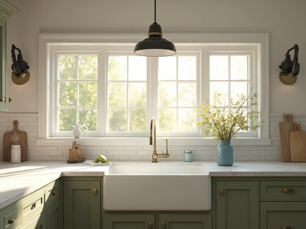 "Sunlit farmhouse kitchen with white apron sink, sage green cabinets, black pendant light, distressed iron sconces and fresh flowers on the windowsill"