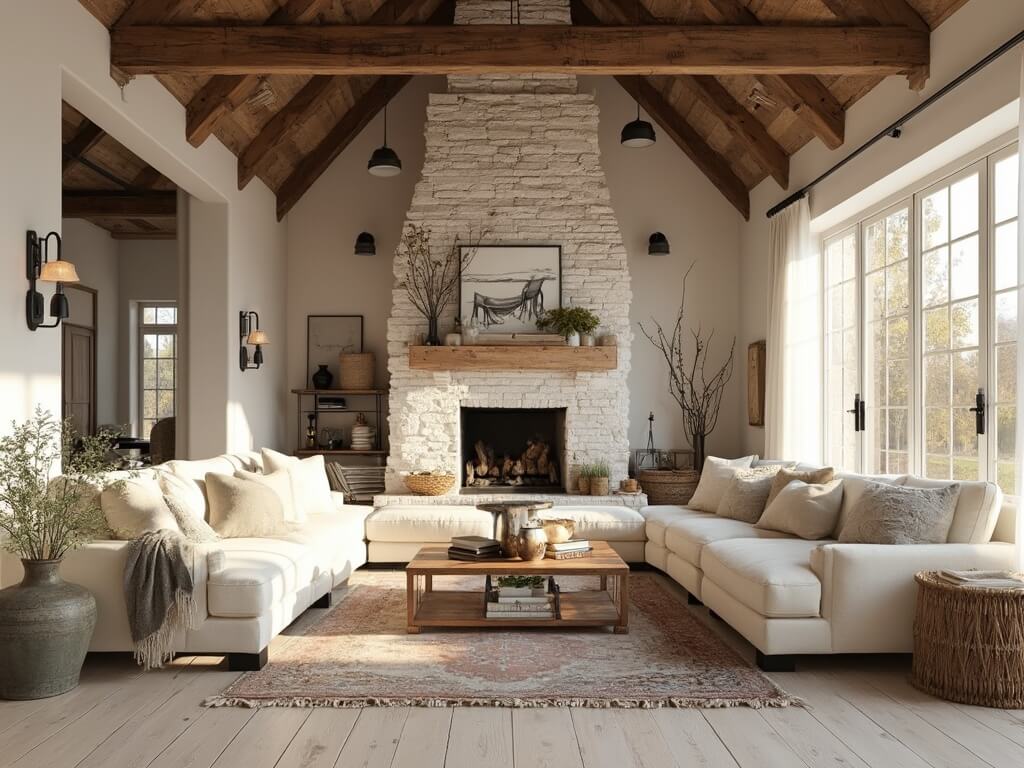 "Sunlit farmhouse living room with exposed wooden beams, white brick fireplace, cream sectional, Persian rug, metal pendant lights, and floor-to-ceiling windows during golden hour"