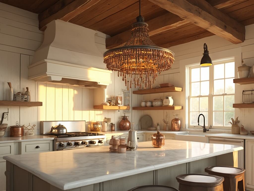 "Spacious farmhouse kitchen at golden hour with chandelier, marble island, multiple lighting, vintage accents, and exposed wooden beams"