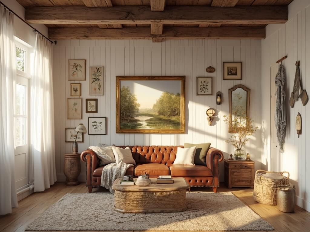 "Sunlit farmhouse living room with wooden beams, distressed leather sofa, vintage decor, and botanical prints during golden hour"