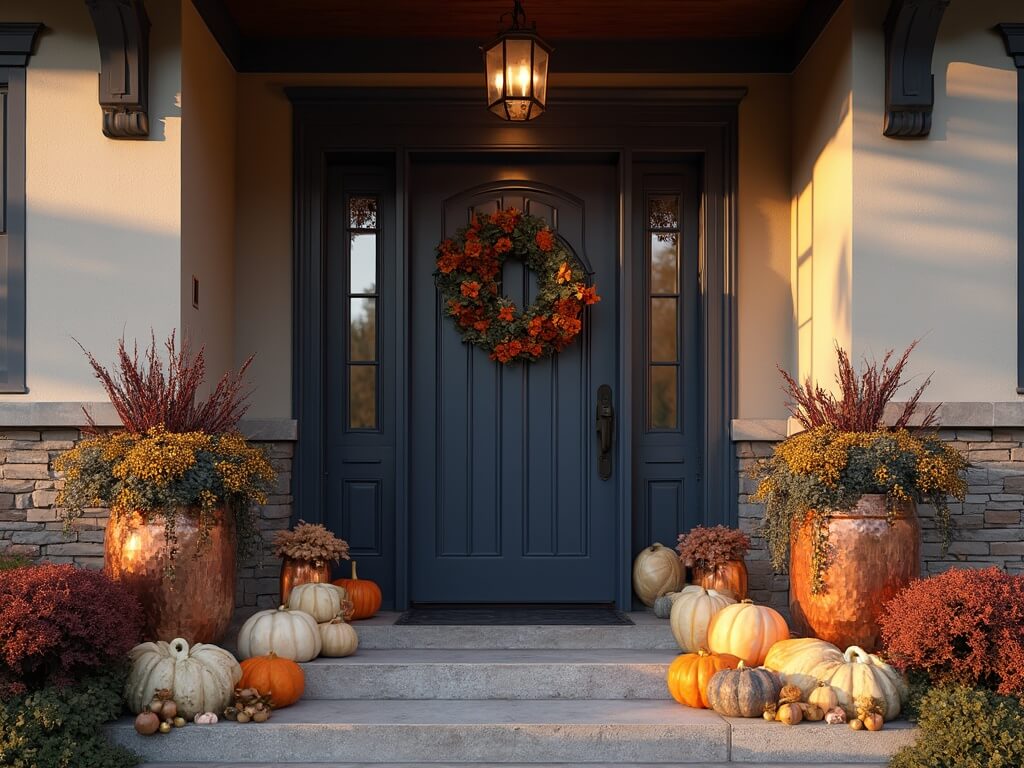 "Craftsman-style home entrance with navy blue door, autumn wreath, stone steps, and pumpkins, during golden hour"