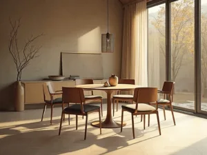 "Japandi-style dining room with natural light during golden hour highlighting a round walnut dining table and minimalist chairs"