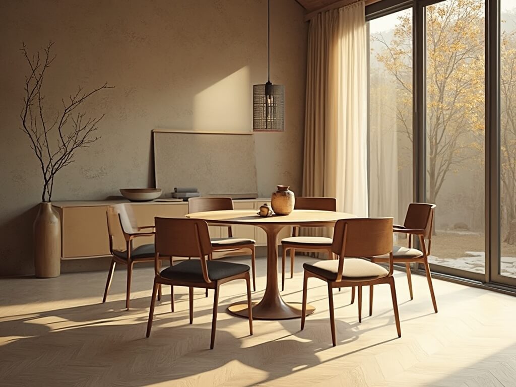 "Japandi-style dining room with natural light during golden hour highlighting a round walnut dining table and minimalist chairs"