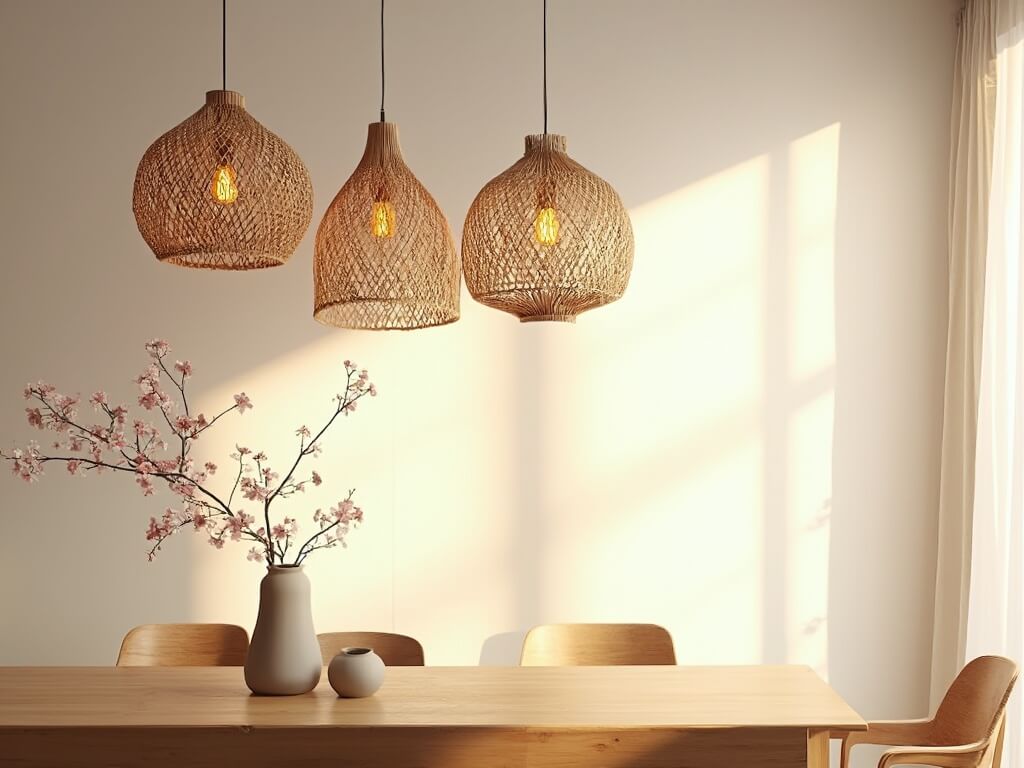 "Serene dining room with bamboo pendant lights, oak table, and cherry blossom decor at golden hour"