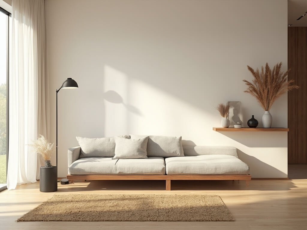 "Serene Japandi style living room with minimalist decor, natural light through curtain-clad windows and warm neutral color palette."