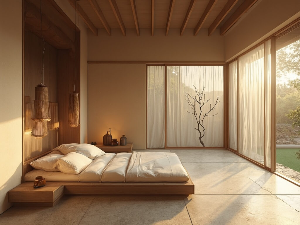 "Japandi minimalist living room with warm light, stone flooring, oak platform bed, ceramic decor, and bamboo pendant lights, overlooking a zen garden"