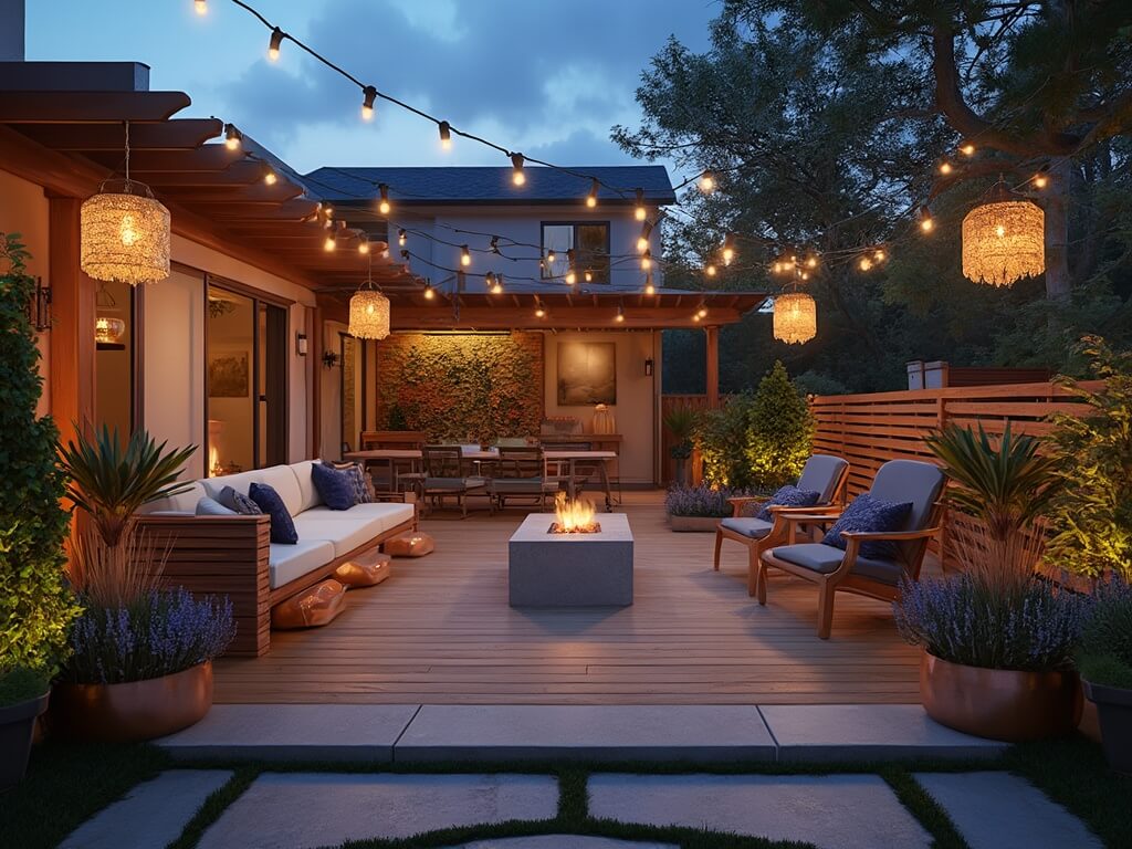 "Luxurious multi-level deck with modern farmhouse design, warm LED string lights, premium teak furniture and limestone fire table at twilight."