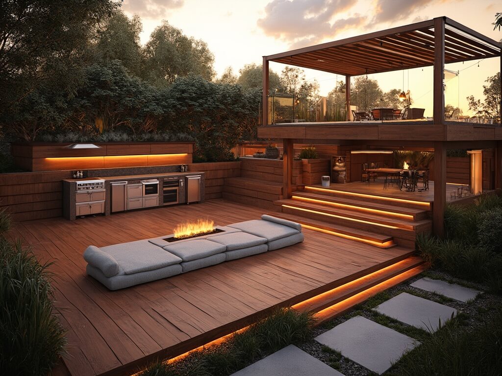 "Luxurious multi-tiered deck with outdoor kitchen, sunken conversation pit, and dining area during golden hour"