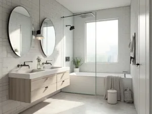 "Luxury minimalist bathroom with frosted window, white subway-tiled walls, bleached oak vanity, glass shower enclosure, marble hexagonal floor tiles, LED backlit mirror, matte black showerhead and faucets, Turkish cotton towels, and potted eucalyptus plant"