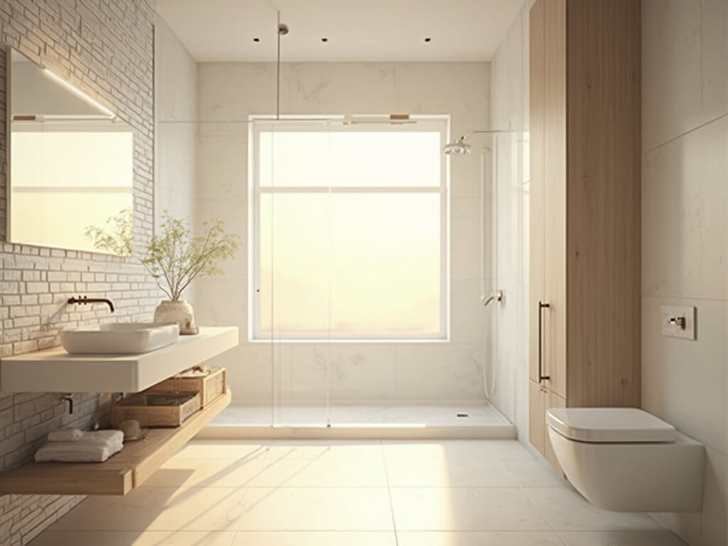 "Modern minimalist bathroom with golden hour sunlight, white vanity, glass shower panel, and Scandinavian aesthetic"
