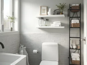 "Modern small bathroom with white floating shelves, matte black ladder shelf, and over-toilet étagère, displaying spa essentials and organized toiletries in soft morning light"