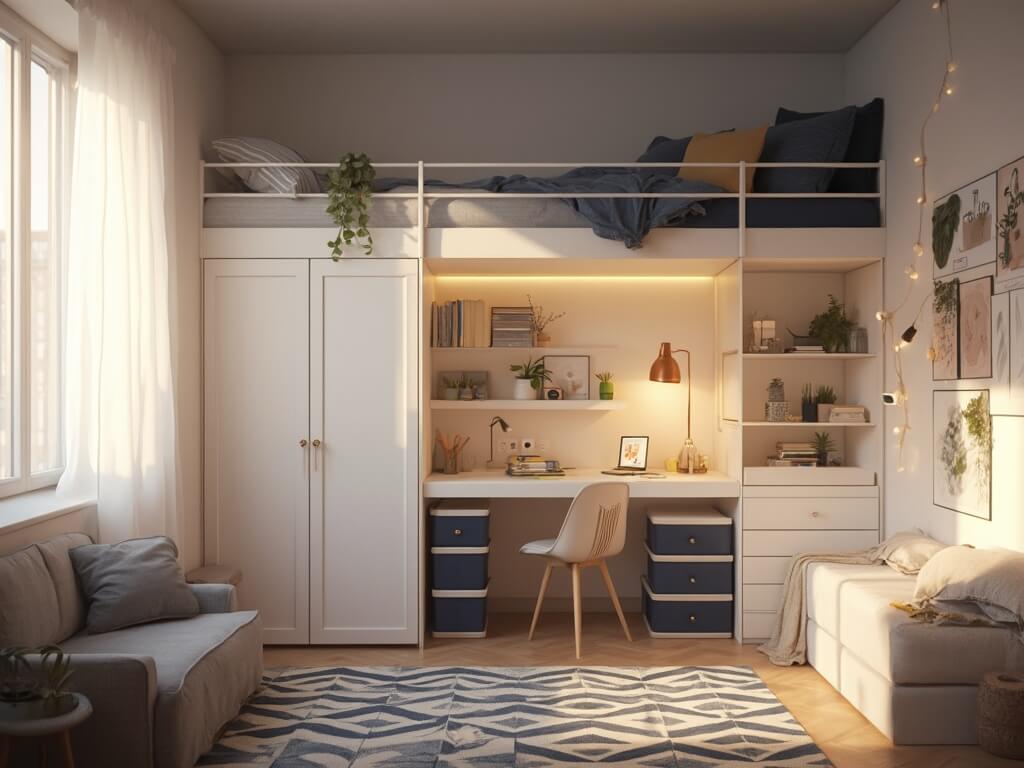 "Organized modern dorm room with navy bedding lofted bed, minimalistic study desk, botanical decals on white walls, and natural wood tones during golden hour."