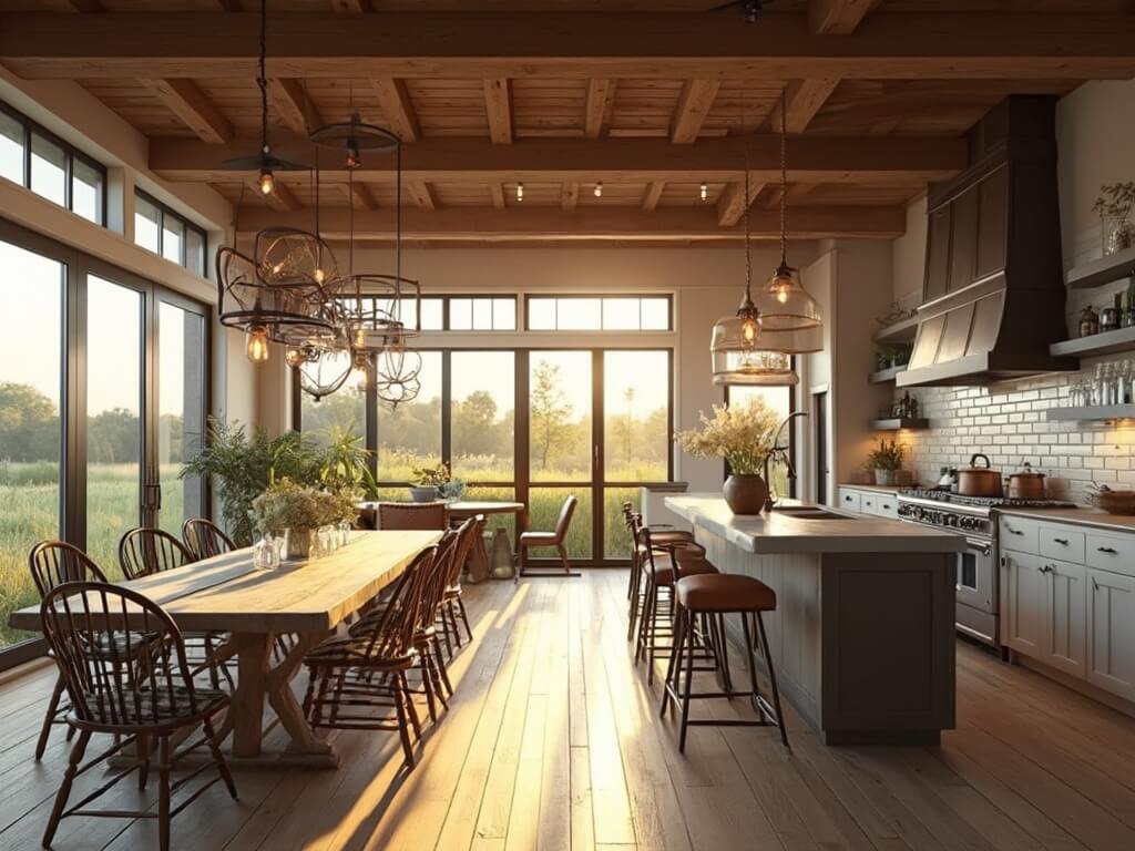 "Modern farmhouse kitchen with Edison bulb chandelier, white oak floors, black steel windows, and chic rustic details at golden hour"