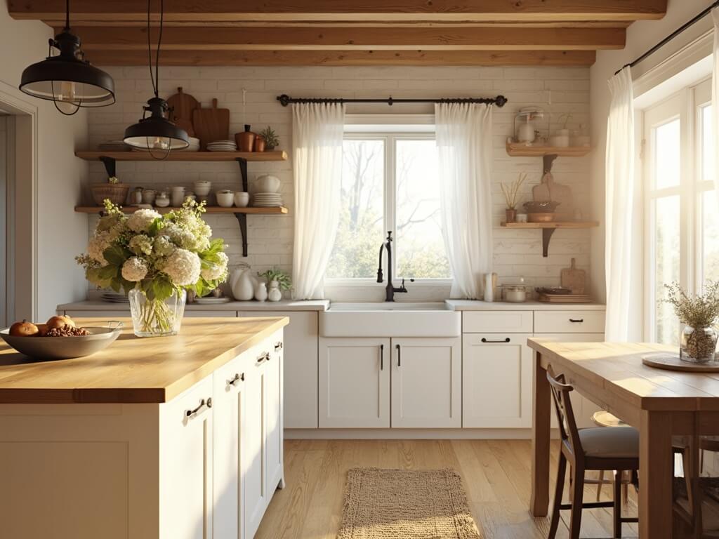 "Sunlit modern farmhouse kitchen with white subway tiles, cream cabinets, wooden beams, and vintage touches at golden hour"