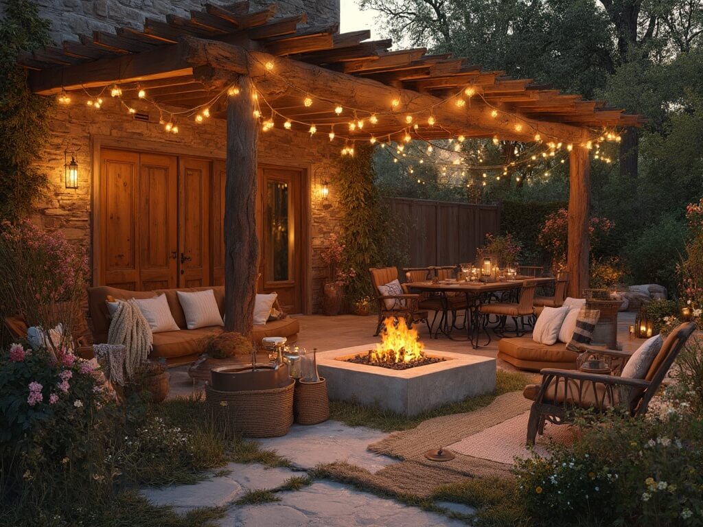 "Luxurious rustic backyard with pergola, fire pit, Adirondack chairs, and stone pathway through blooming garden at golden hour"