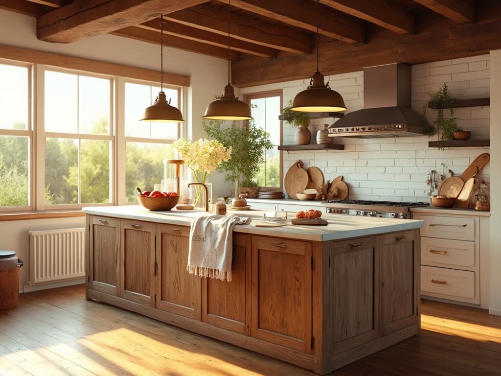 "Sunlit rustic farmhouse kitchen with vintage accessories and fresh produce on a weathered oak island during golden hour."