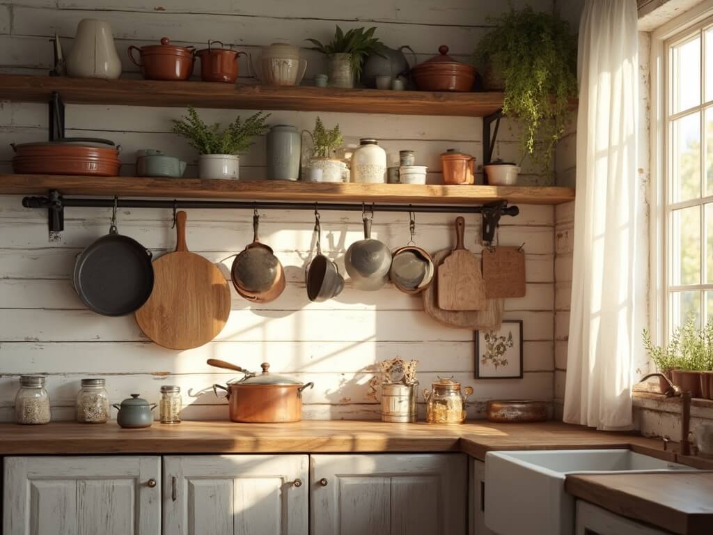 "Rustic farmhouse kitchen in morning sunlight with reclaimed wood shelves, vintage cookware, and terracotta herb pots"