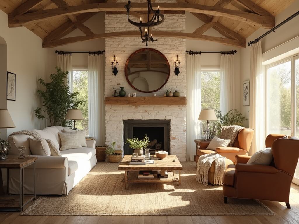 "Sunny farmhouse living room with cathedral ceiling, whitewashed brick fireplace, cream linen sofa, leather wingback chairs, and rustic decor during golden hour."