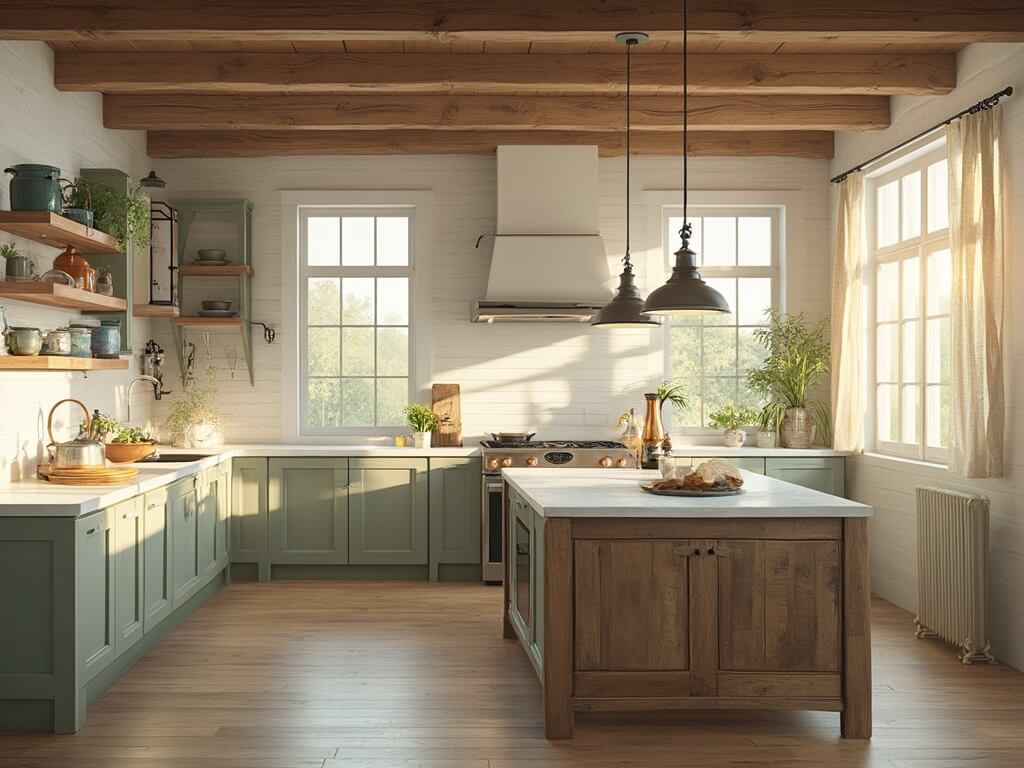 "Farmhouse kitchen interior during golden hour with white oak floors, shiplap walls, marble island, and vintage décor in 8K resolution."
