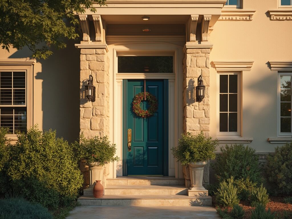 "Six beautifully detailed front doors of tan houses featuring different colors and decorative details, professionally shot under golden hour lighting"