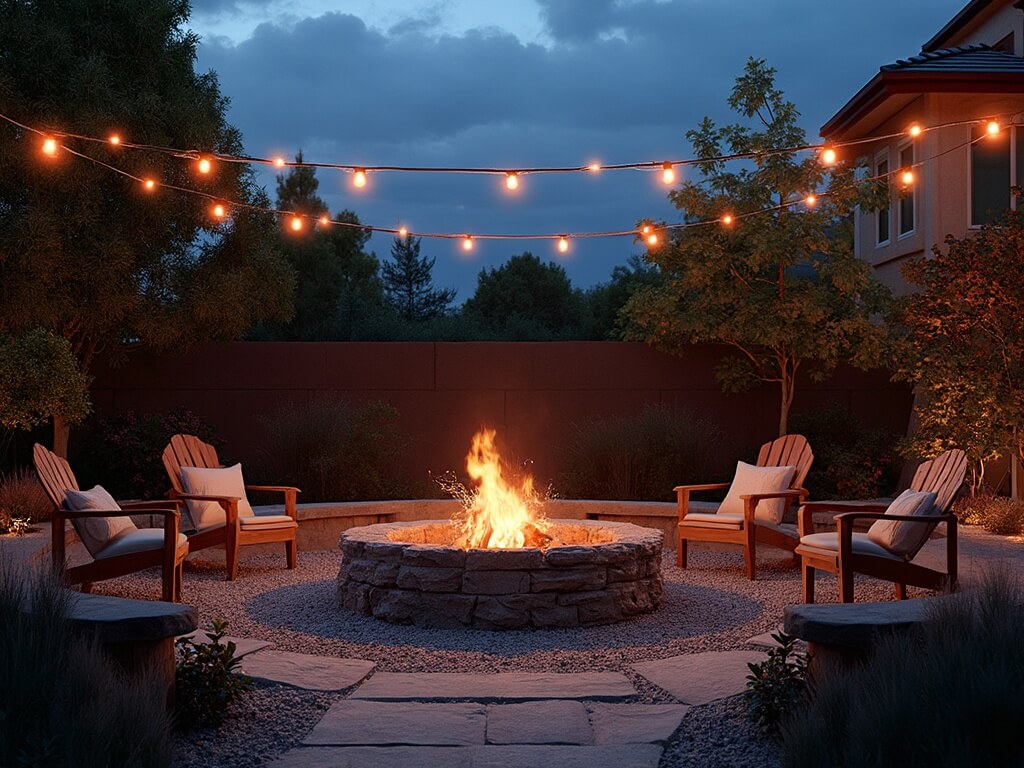 "Luxury backyard with stone fire pit, teak chairs, and string lights at twilight"