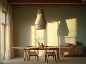 "Minimalist dining room at golden hour with wabi-sabi ceramic pendant lamp, weathered oak table, and lime-washed walls in sage green"