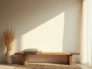 "Minimalist wabi-sabi interior with a weathered oak bench, sheer linen curtains, ceramic vase with pampas grass, and natural sisal rug"
