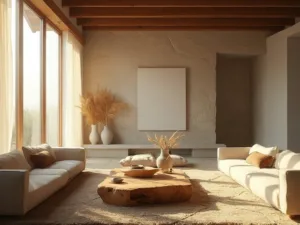 "Sunny, minimalist living room with natural textures, earth tones, and intentional imperfections, featuring exposed wooden beams, linen seating, and a stone accent wall."