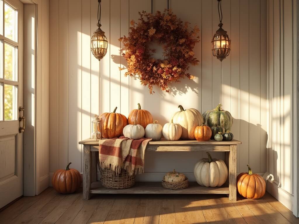 "Warm autumn farmhouse entryway bathed in golden hour sunlight featuring an arrangement of heirloom pumpkins, a copper-toned wreath, and vintage decor"