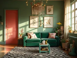 "Eclectic living room with coral pink door, sage green walls, emerald velvet sofa, vintage floral pillows, brass animal figurines, crystal geodes, botanical prints, and fairy tale-inspired chandelier."