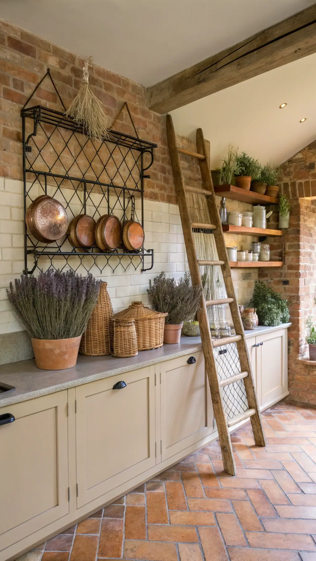 Bright, rustic French country kitchen with herringbone brick accent wall, herb drying racks, copper baskets with dried lavender and sage, vintage wooden ladder, and terracotta pots on copper shelving.