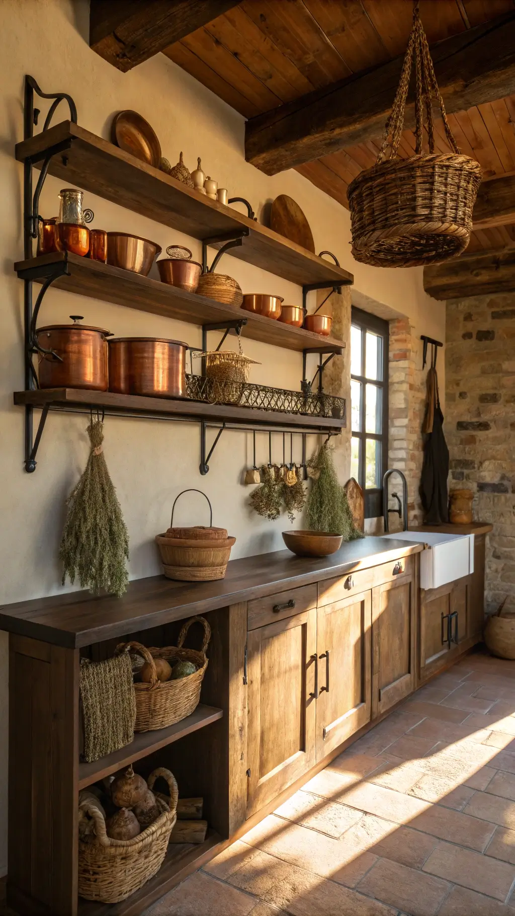 Rustic kitchen with chunky barnwood shelves, copper pots, and dried herbs, lit by golden hour light creating dramatic shadows.