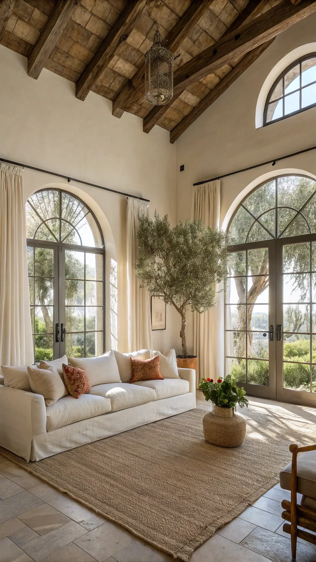 Sunlit spacious living room featuring high ceilings with oak beams, sheer curtains across arched windows, cream sectional sofa adorned with pillows, jute rug on limestone flooring, framed by potted olive trees.