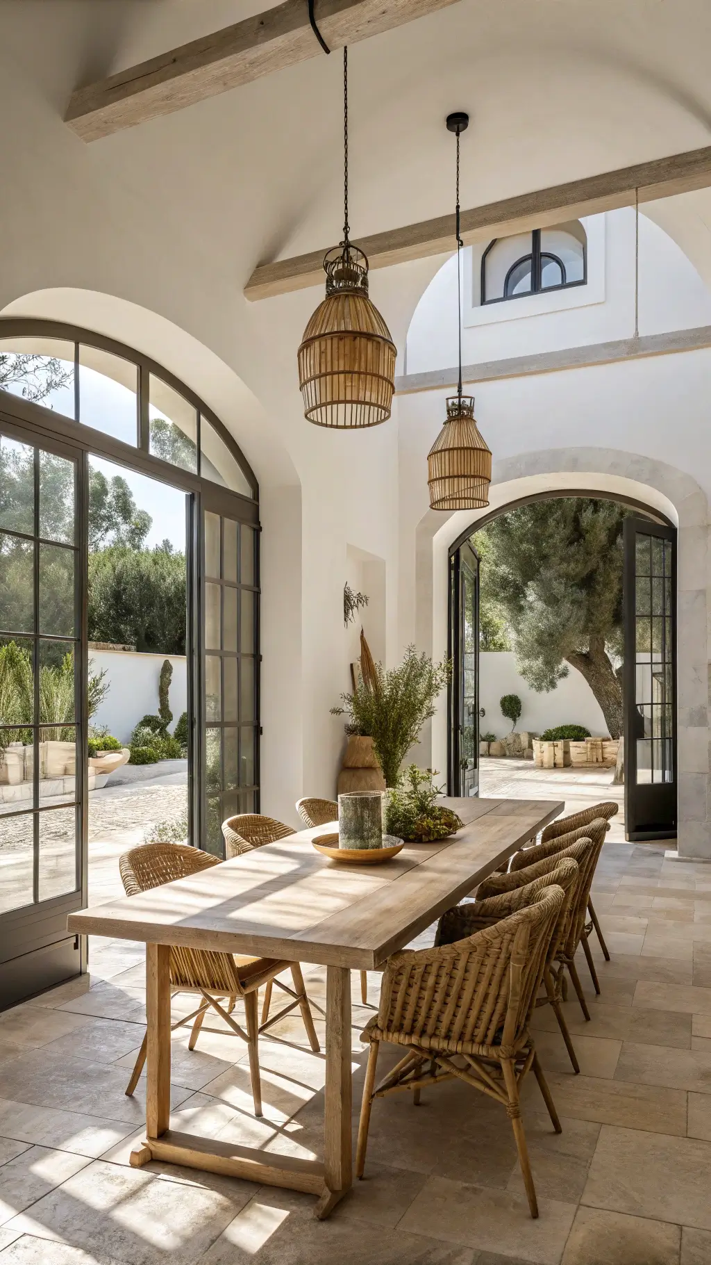 Bright and airy dining room with minimalist design, featuring a reclaimed pine table, oak chairs with woven seats, oversized ceramic vessels, and brass pendant lights, opening to a Mediterranean courtyard through steel-framed doors.