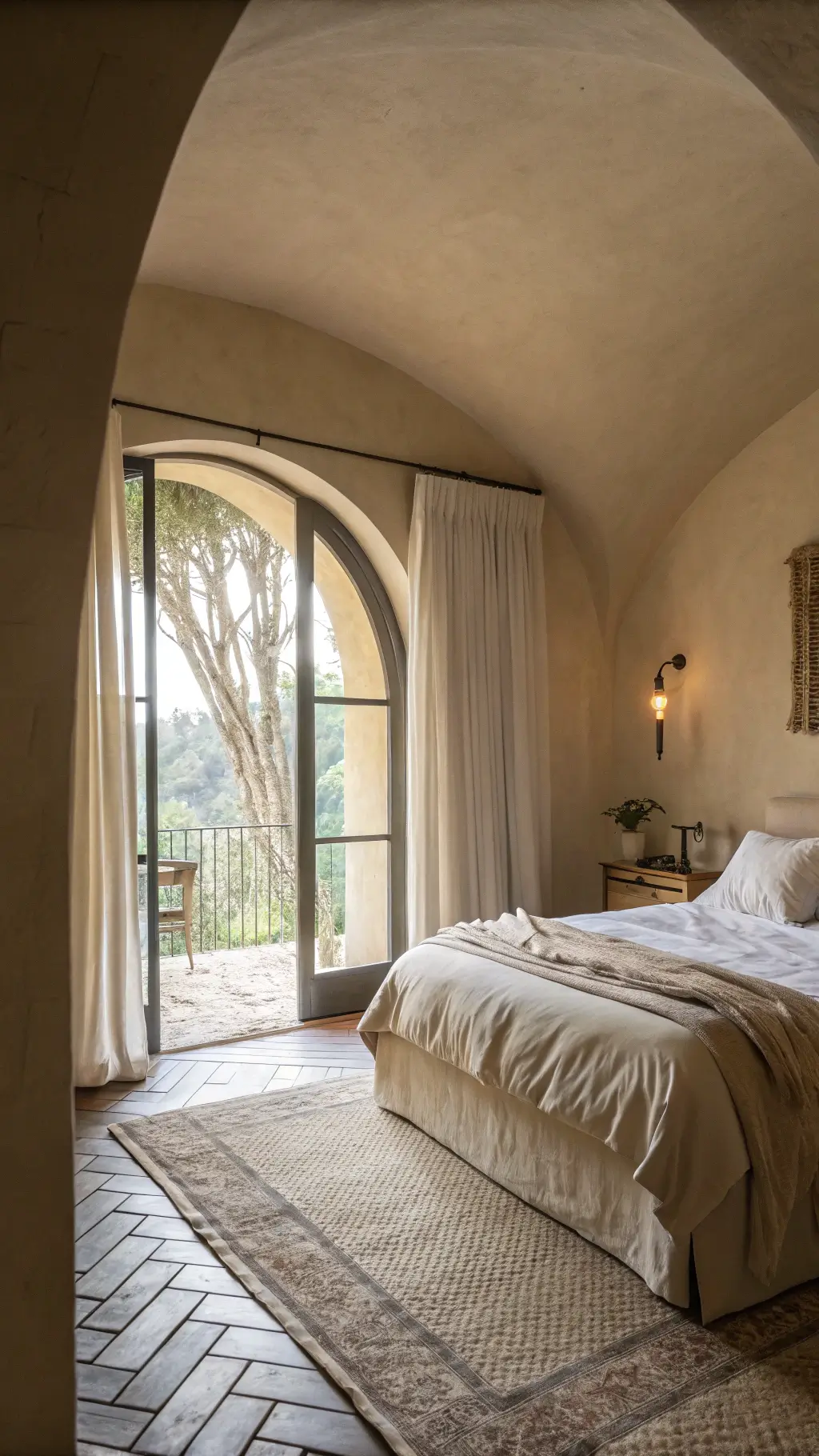 Dawn light filtering onto a 12x14ft primary bedroom with curved plaster archway, floor-to-ceiling windows, and sand-colored walls, highlighting a platform bed with stone-washed linens, a sculptural ceramic table lamp, and a handwoven wool runner leading to a private terrace.