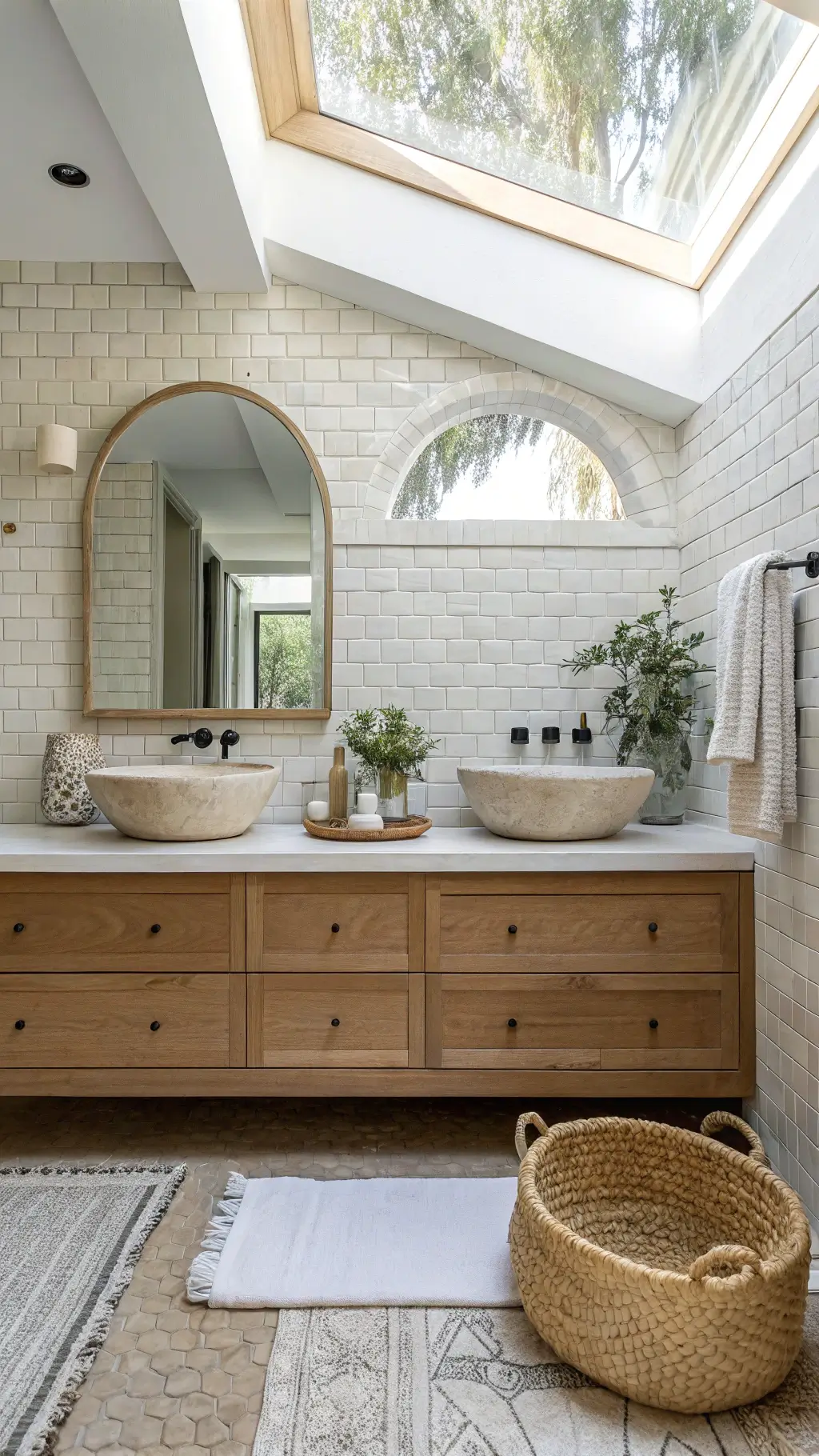 Modern bathroom with white zellige tiles, oak vanity with ceramic vessels, oversized arched mirror, and skylight for natural illumination.