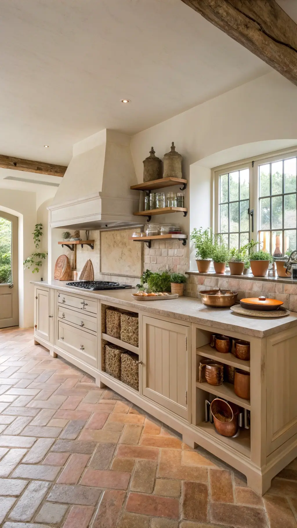 Welcoming kitchen with 10ft travertine-topped island, plaster range hood, bleached oak open shelving with pottery, copper cookware, herringbone terracotta floor, and fresh herbs on windowsill in warm morning light.