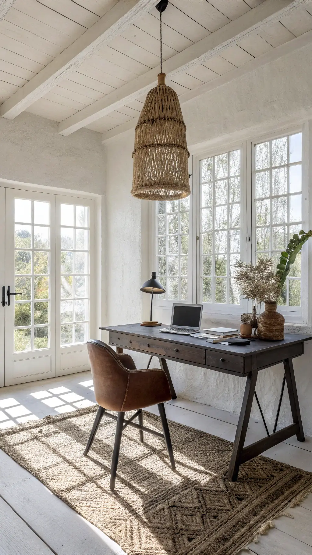 Minimalist home office with whitewashed walls, dark wood desk, leather chair, handwoven pendant light, and clay vessels with dried arrangements in a bright atmosphere with floor-to-ceiling windows