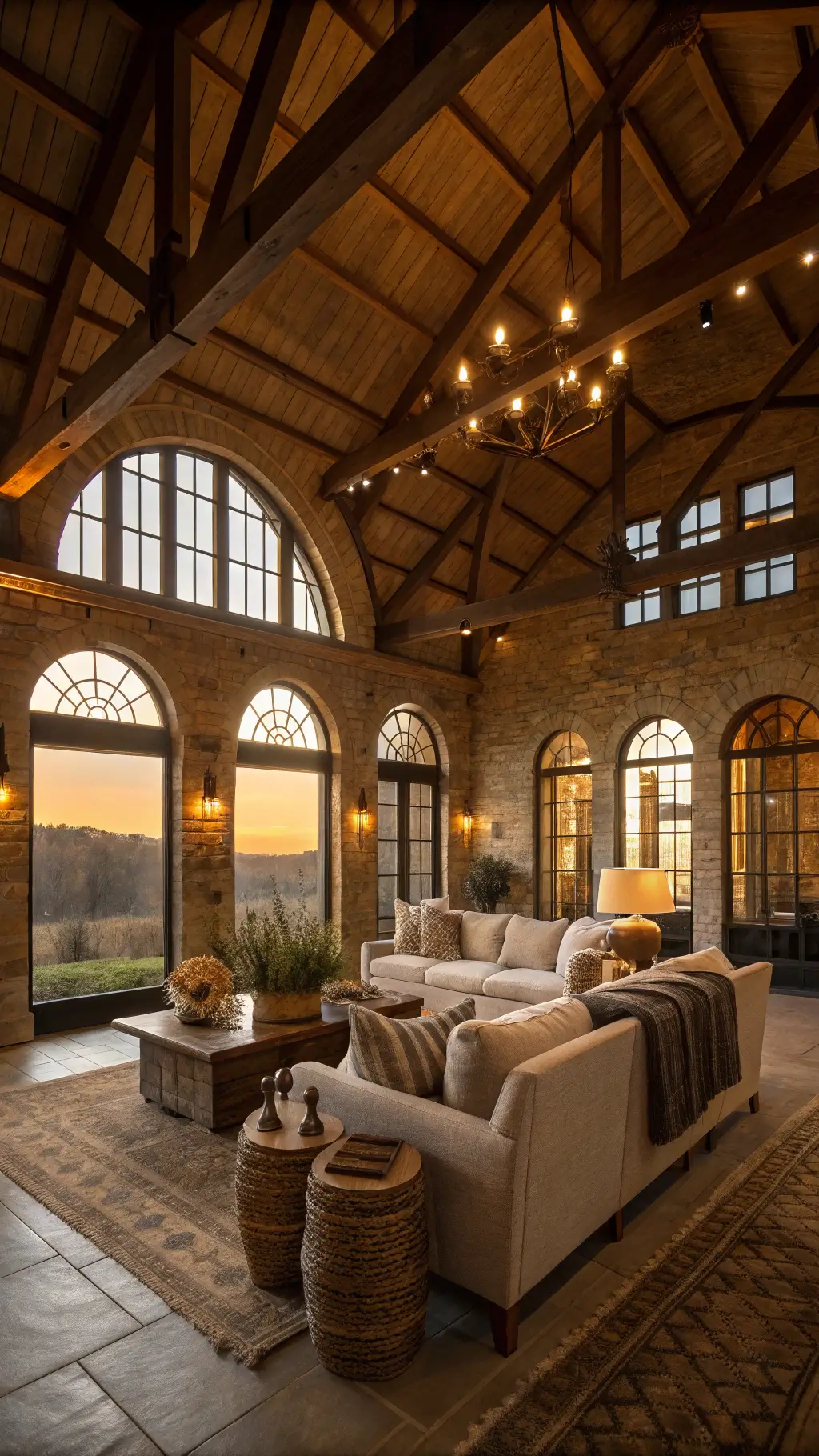 Dramatic great room with high ceilings, exposed beams, golden natural light from arched windows, linen sectional and leather chairs around coffee table, decorated with vintage olive jars and woven baskets and well-lit by ceiling spots.