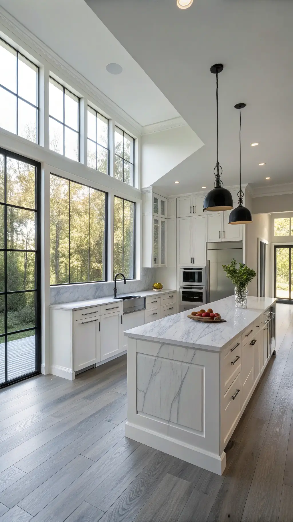 A spacious, modern minimalist kitchen with morning light streaming through floor-to-ceiling windows, white handleless cabinets, a 10ft honed marble island, integrated stainless appliances, gray oak flooring, matte black pendant lights, and a white ceramic vase with eucalyptus.