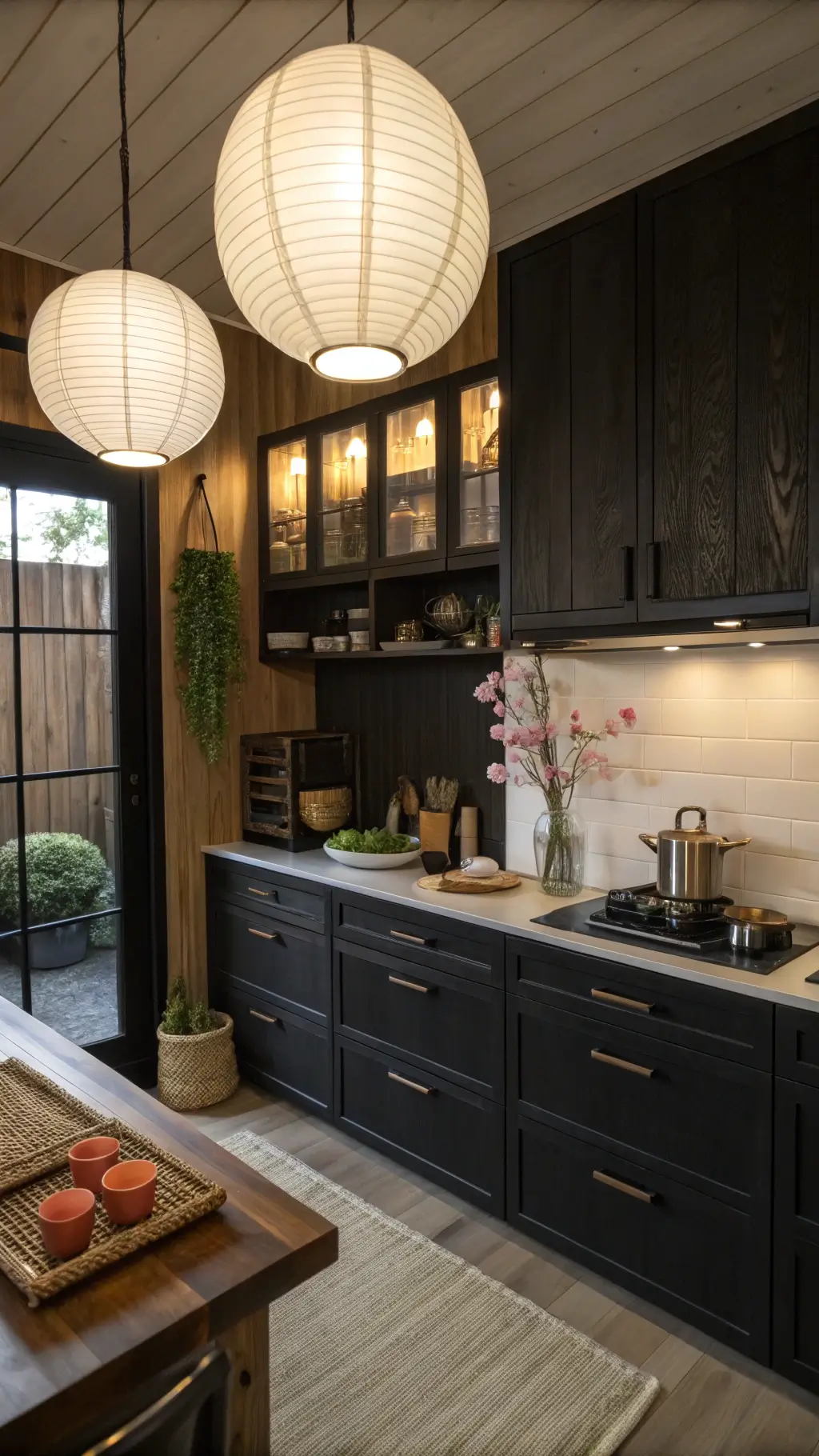 A peaceful and contemplative compact 12x15ft kitchen influenced by Japanese design, featuring black-stained oak cabinets with vertical grain, white paper lantern pendants casting a soft glow, a matcha preparation station with traditional tools, bamboo drawer organizers, and an ikebana arrangement under the atmospheric morning light.