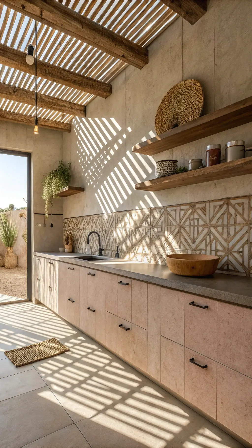 Modern open kitchen with desert-inspired decor, sand-colored concrete cabinets, and a geometric-patterned terra cotta tile backsplash, illuminated by natural light filtered through wooden slats.