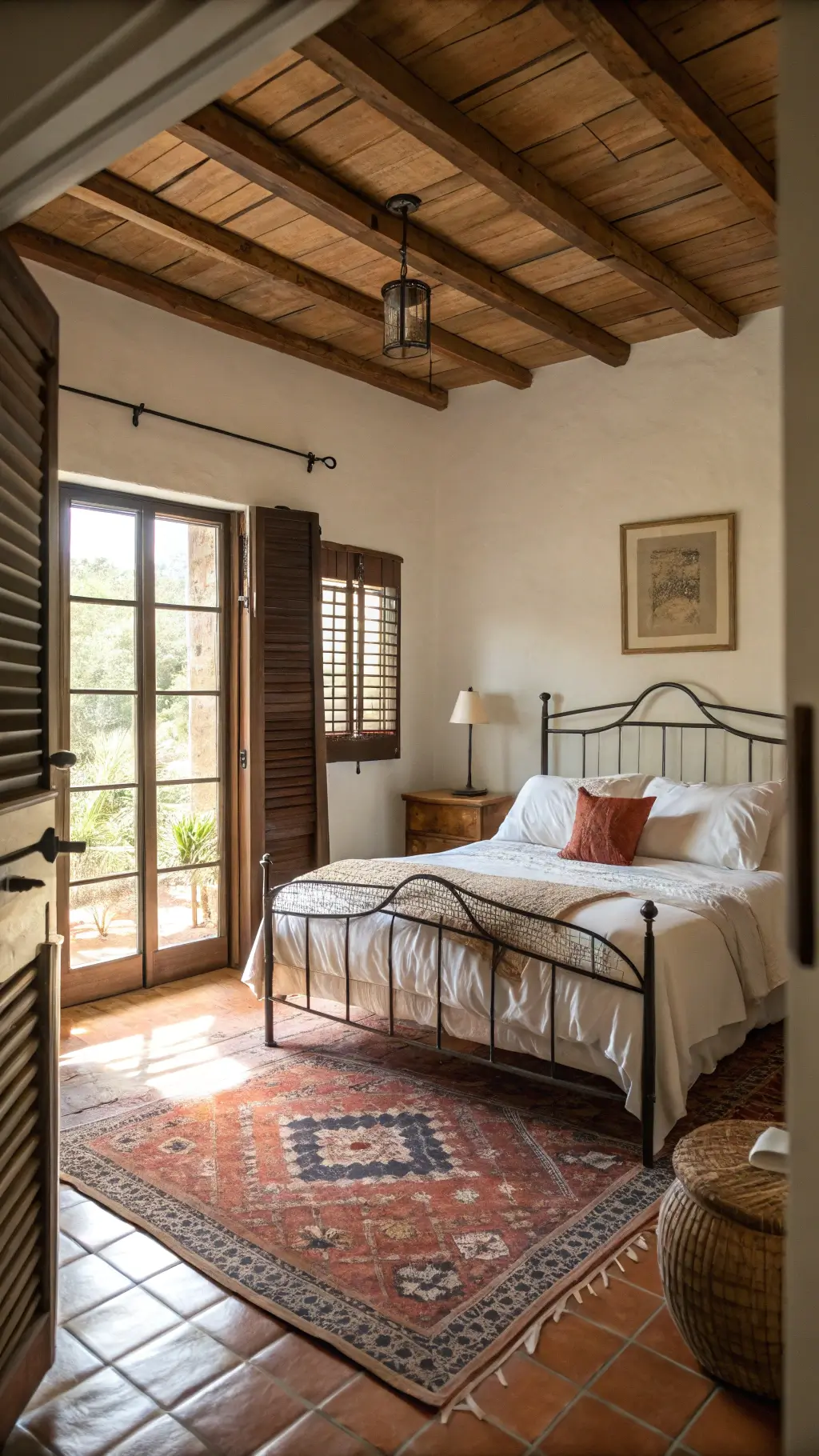 Vintage guest bedroom with beamed ceiling, morning light filtering through shuttered windows, rumpled linen bedding on iron bed frame, Moroccan rug on terracotta tiles, rattan armchair with woven throw, and ceramic lamps on floating nightstands, evoking a welcoming, laid-back atmosphere.