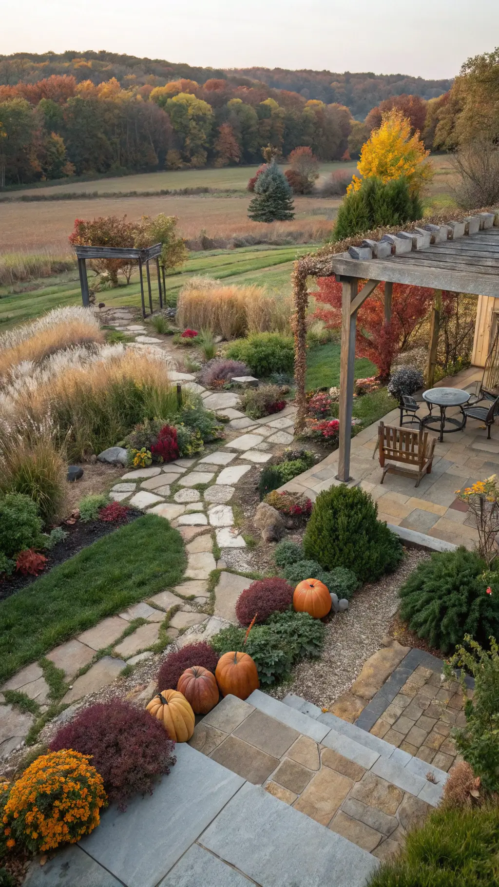 Aerial view of an expansive farmhouse garden in autumn, showcasing natural stone pathways among ornamental grasses, vintage wheelbarrows with heritage pumpkins, and a rustic pergola draped in Virginia creeper. Emphasizes garden's layout and seasonal transformation with a warm color palette of amber, burgundy, copper, and green.
