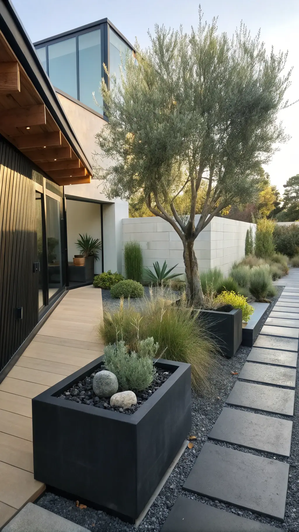 Afternoon sun highlighting an olive tree in a large black planter, surrounded by maiden grass and graphic pathways of crushed granite, with an array of agave and echeveria in raised steel planters, in a modern 15x25ft courtyard garden.