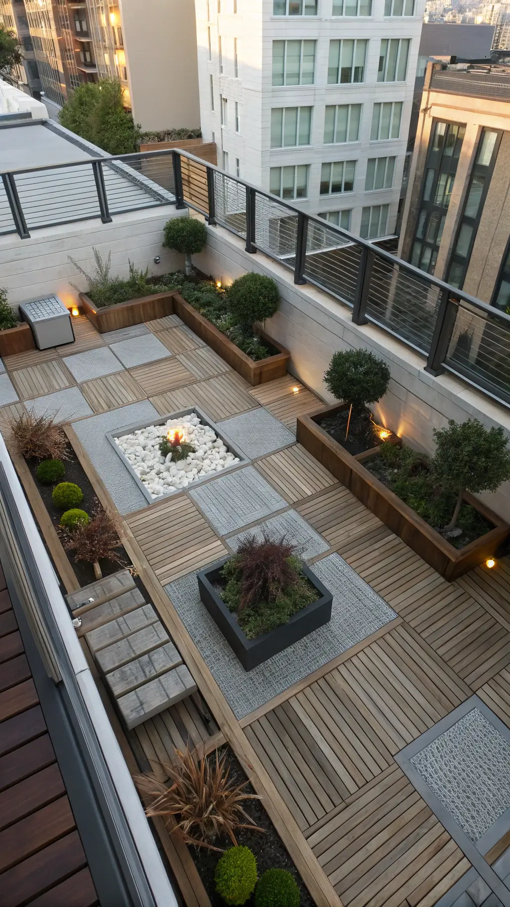 Aerial view of urban rooftop garden with patterned bamboo decking, Japanese holly planters, and glass wind barriers surrounding a central fire pit, captured under late afternoon light.