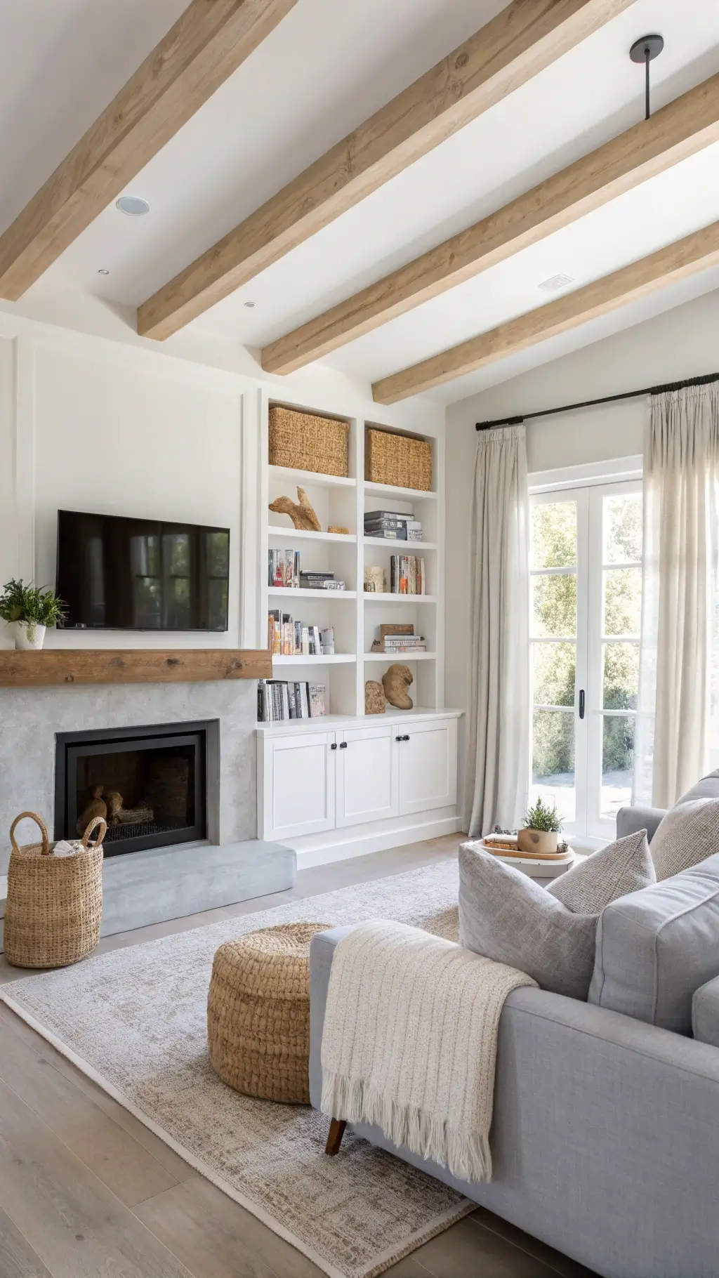 Scandinavian-inspired family room with blonde wood beams, white oak built-ins, minimal concrete fireplace, and light gray seating adorned with sheepskin throws. Room features organized children's books, pottery, and woven baskets on shelves. Bright, even lighting throughout the room.