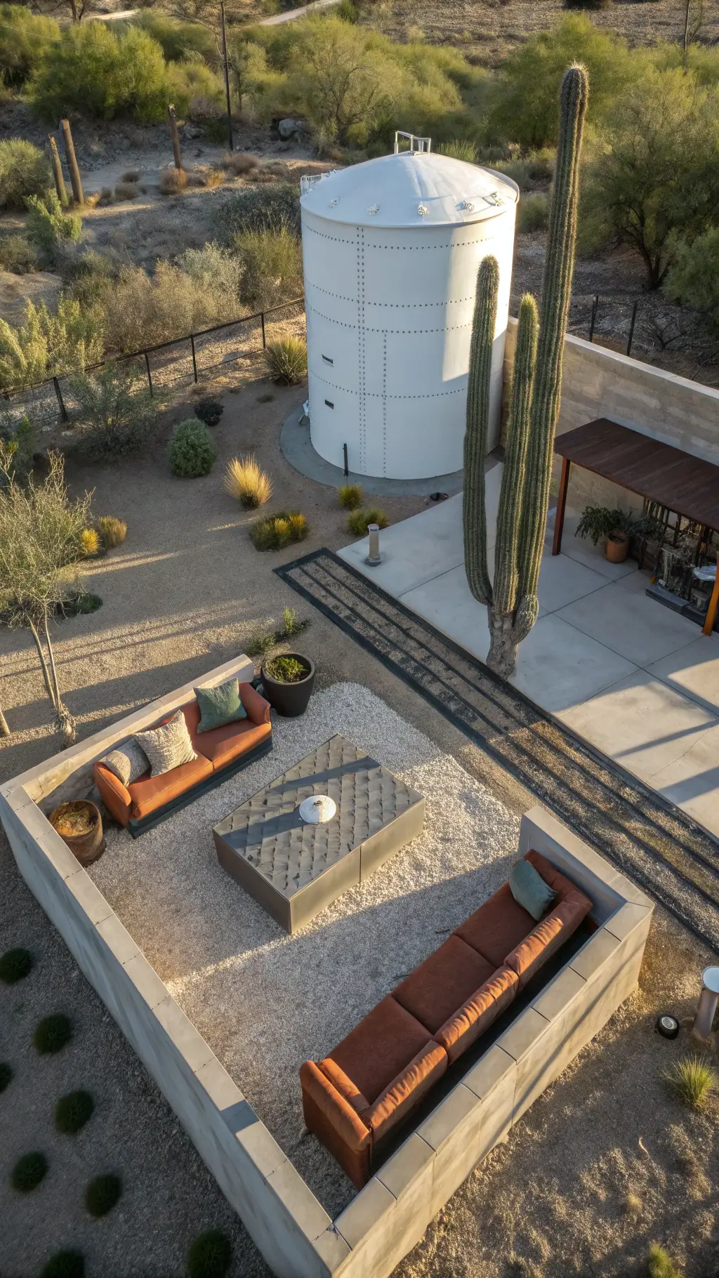 Aerial view of a modern desert setting with an 8ft steel tank, geometric concrete block bench adorned with rust and sage velvet cushions, large cacti in steel planters, and built-in LED lights creating dramatic shadows in the harsh midday sun.