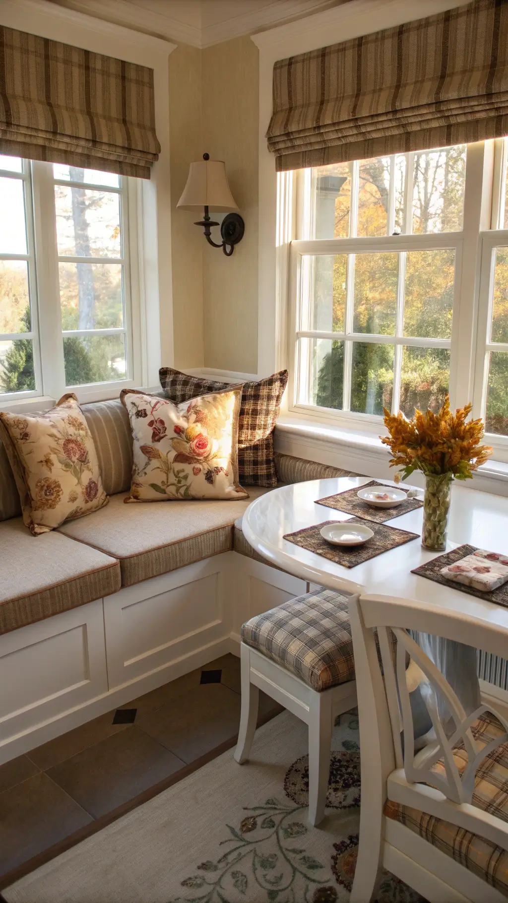 Brightly lit breakfast nook banquette with built-in seating adorned with earthy plaid and botanical print pillows, window backlighting highlighting pillow textures, seen from table height, reflecting a sense of everyday luxury.