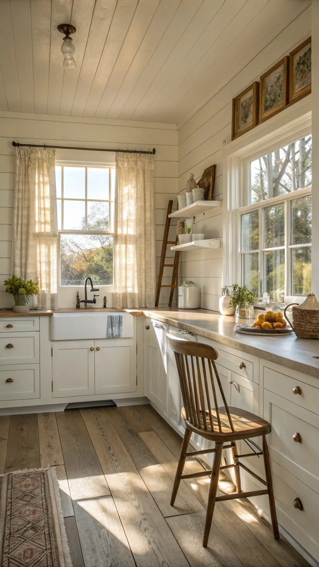 Sun-drenched farmhouse kitchen with white shiplap walls, cream cabinets, oak floors, vintage accents, and warm natural lighting.